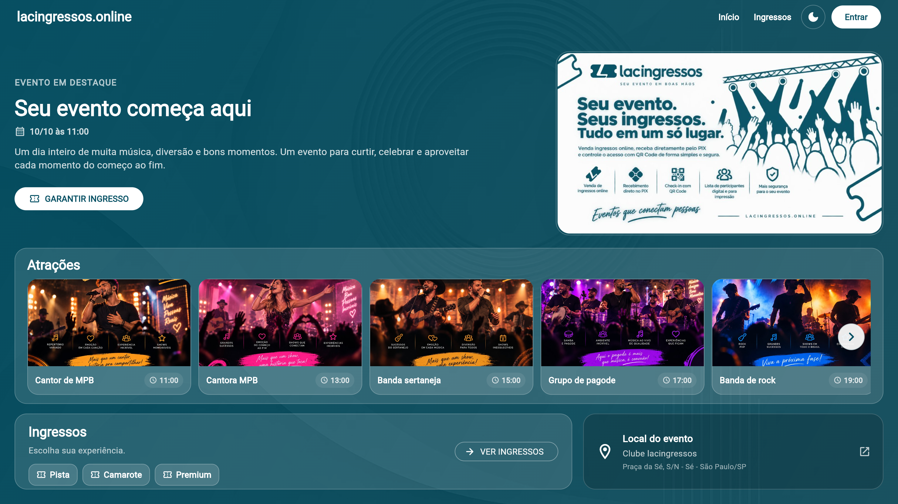 Exemplo de página pública de evento no tema azul profundo