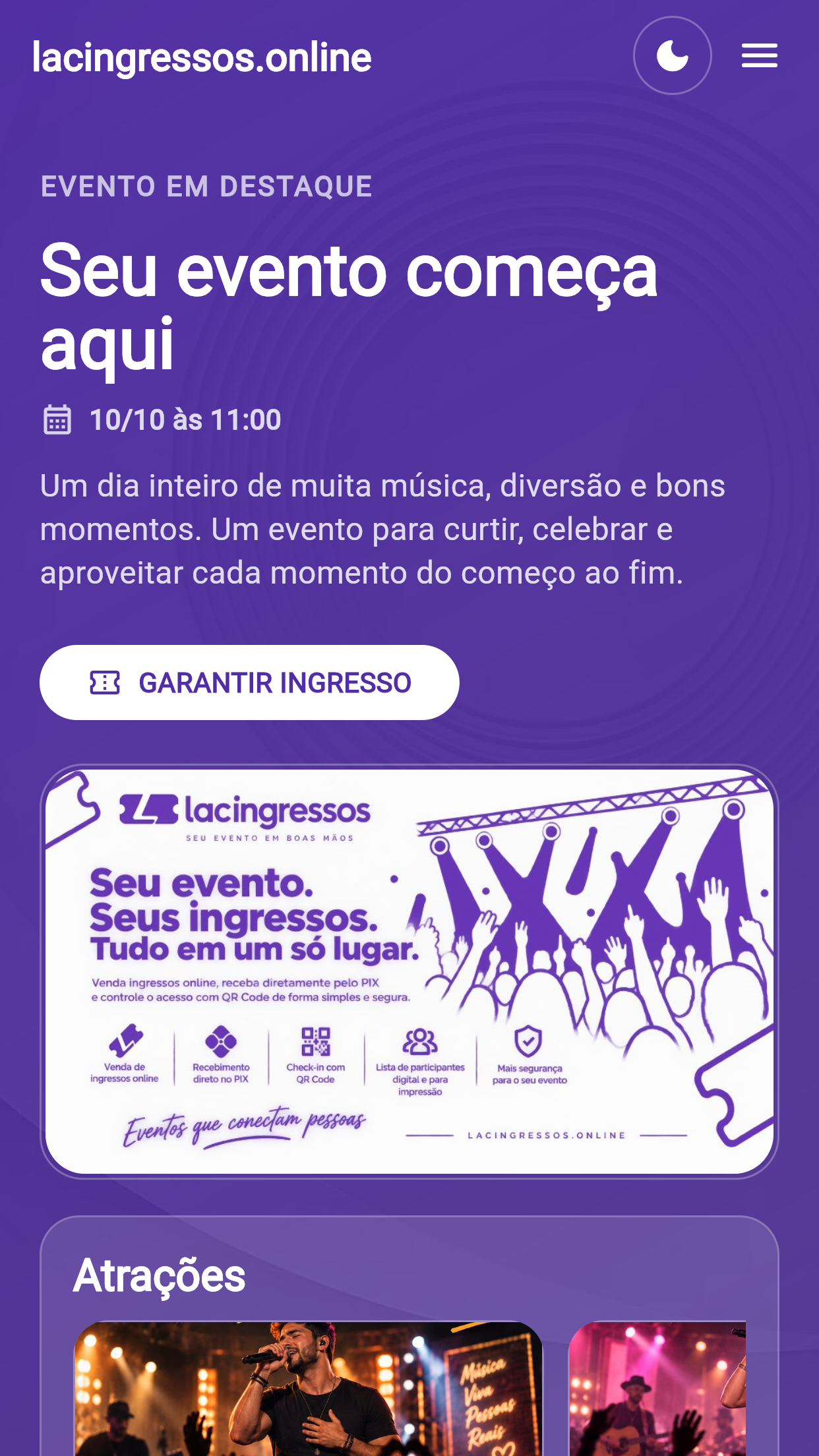 Página de evento no celular em tema roxo
